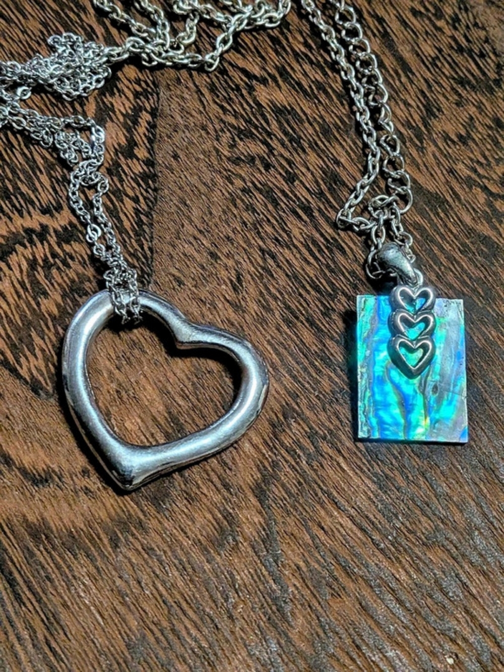 Vintage Silver Tone Multi Necklace Set Abalone Stacked Hearts & Open Heart